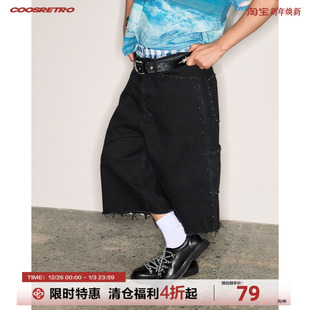 直筒宽松休闲水洗牛仔裤 CoosRetro 男女夏季 黑色七分裤 满天星
