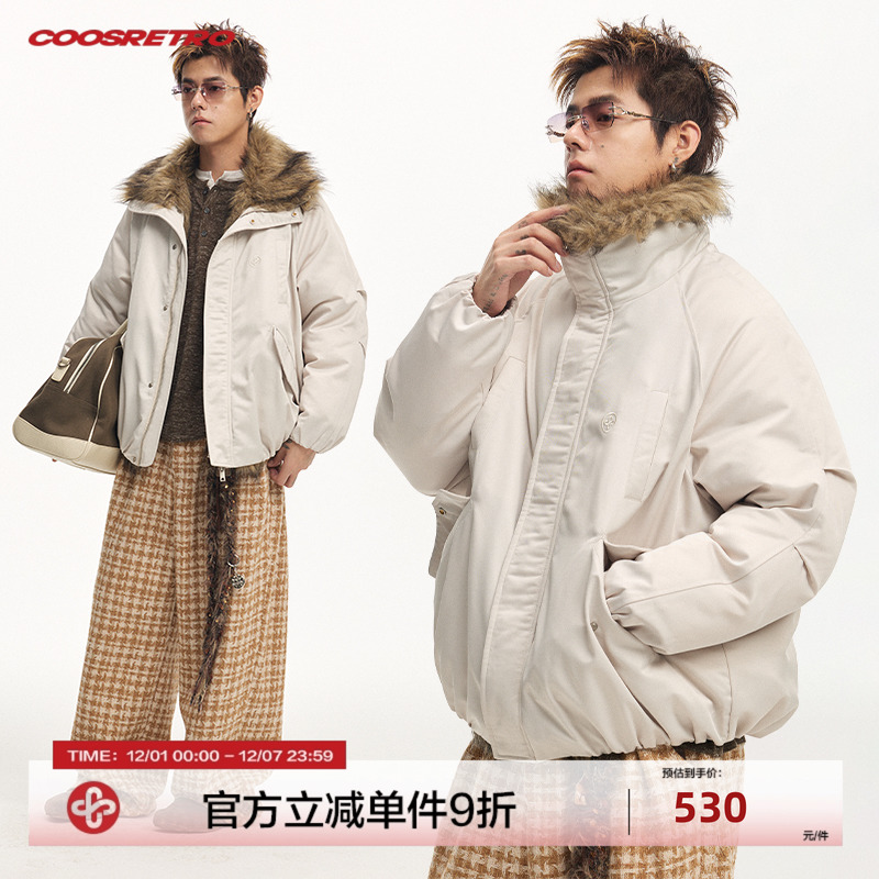 CoosRetro 冬季男士加厚保暖logo刺绣皮草拼接花苞毛领羽绒派克服