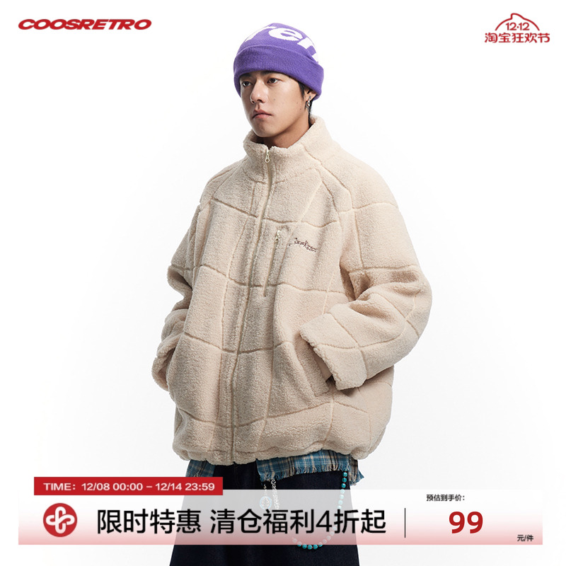 CoosRetro美式复古潮牌logo刺绣立领绗线羊羔绒外套冬季保暖棉服