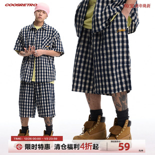 男女情侣百搭直筒休闲裤 夏季 复古logo绣花格子短裤 CoosRetro美式