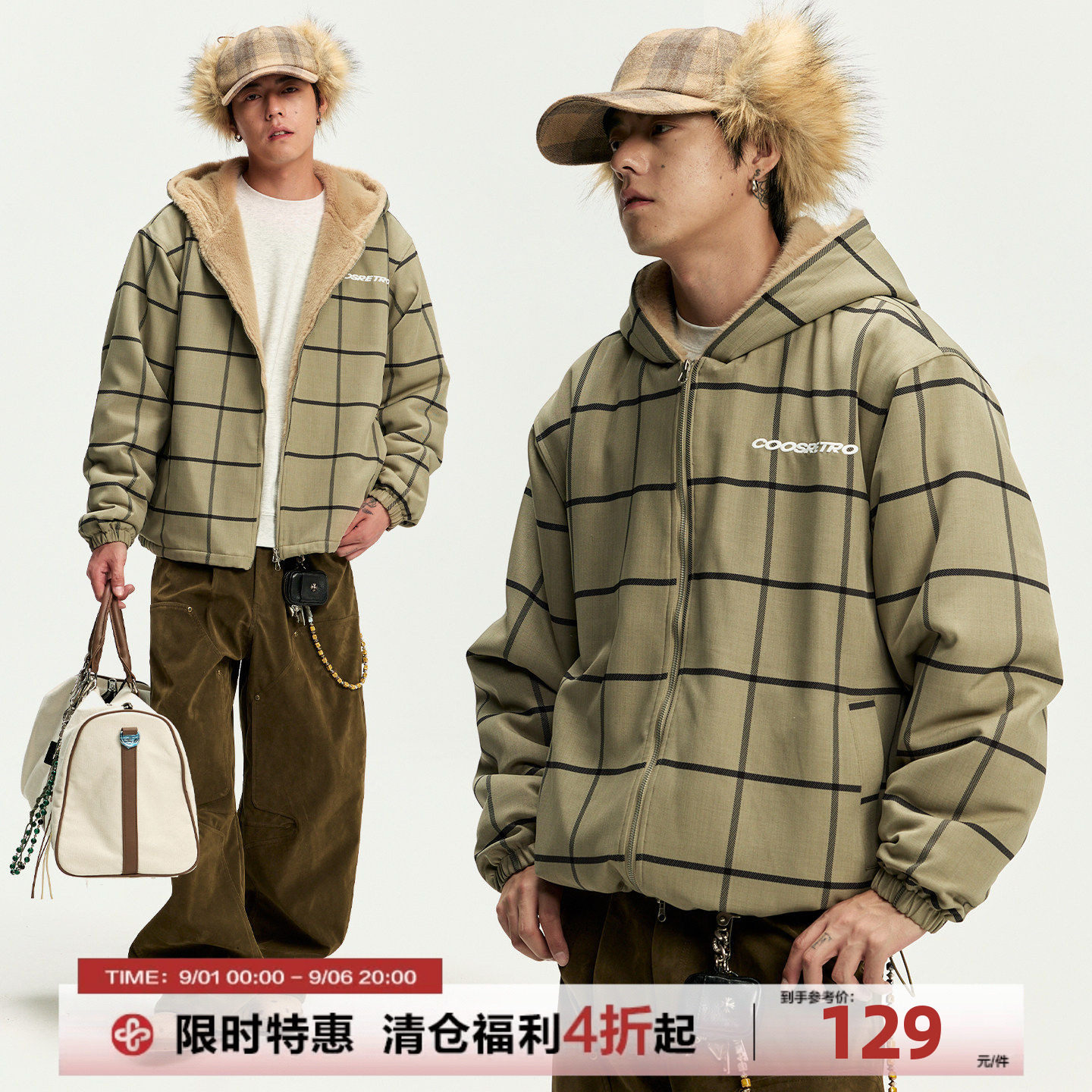 CoosRetro 美式复古潮流男士格纹连帽加绒夹克logo刺绣工装厚外套图片