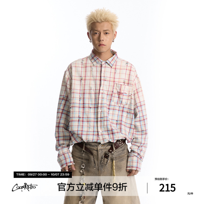 CoosRetro美式复古格纹口袋刺绣水洗长袖衬衫男女夏百搭休闲外套