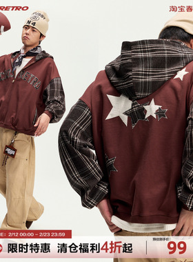 CoosRetro 春季新款复古格子拼接前后贴补绣logo水洗开衫卫衣外套