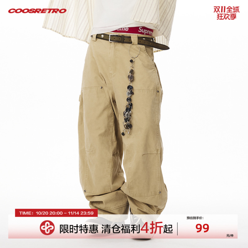 CoosRetro美式复古刺绣logo水洗伐木铆钉工装裤夏男女百搭宽松裤