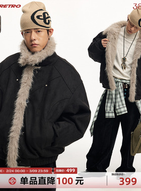 CoosRetro 美式复古冬季男仿麂皮棉服座山雕毛领拼接结构铆钉外套