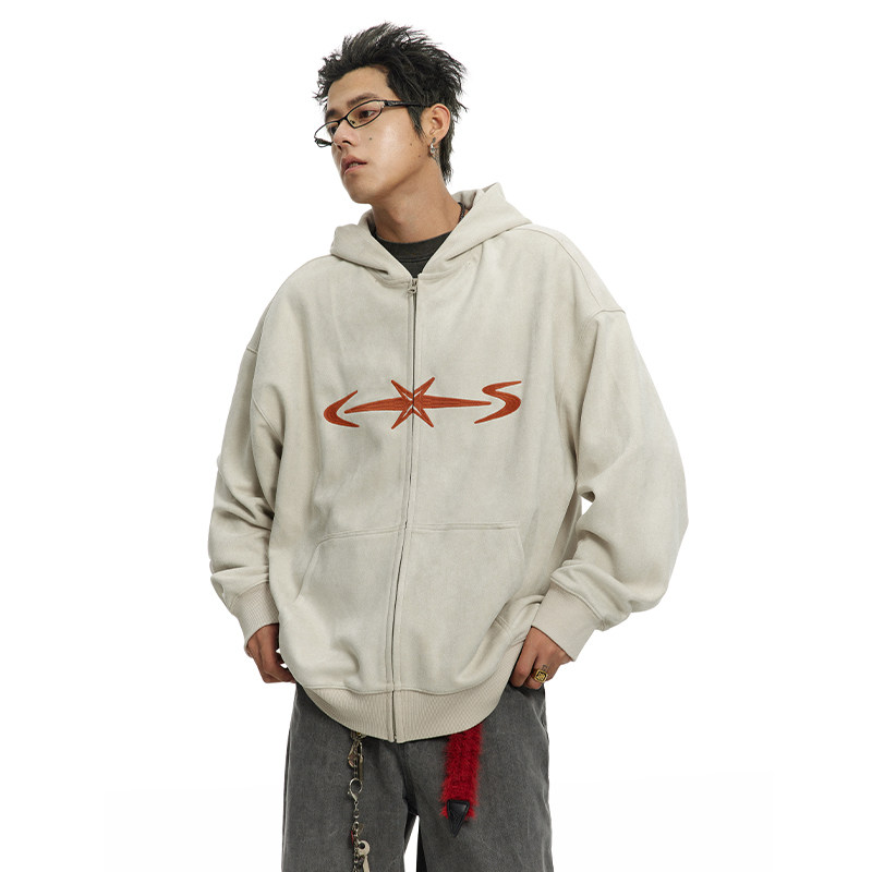 CoosRetro 美式仿麂皮连帽卫衣外套男生秋季宽松休闲拉链开衫上衣