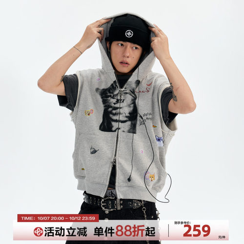 CoosRetro 美式复古猫咪印花连帽无袖卫衣马甲男秋季拉链休闲上衣