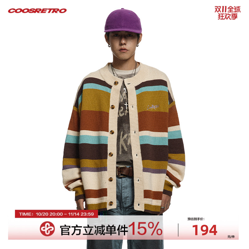CoosRetro彩色条纹刺绣毛衣开衫