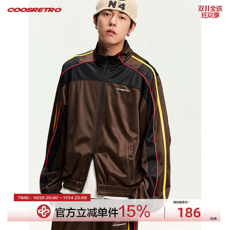 CoosRetro 美式潮牌男士秋季金光绒结构织带拼接logo刺绣夹克外套