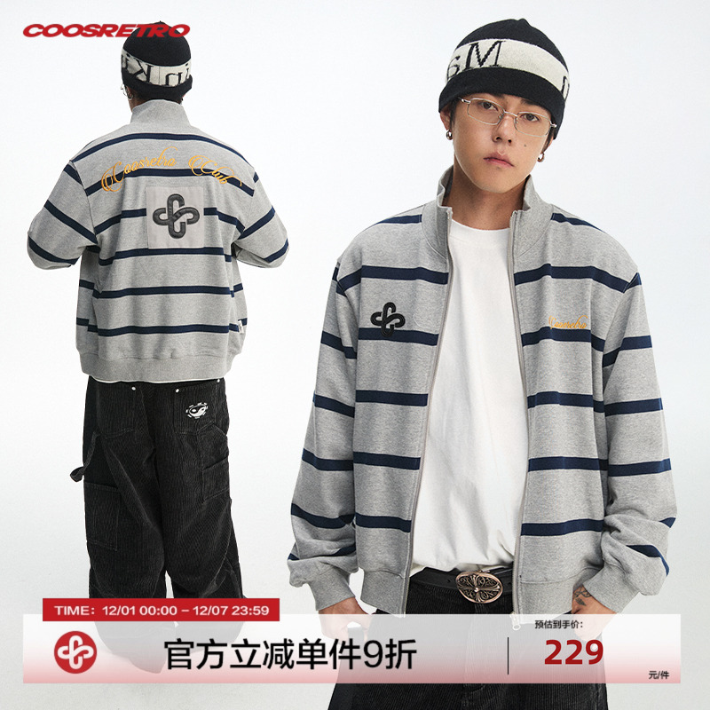 CoosRetro 美式复古秋季新款男上衣高领条纹贴布刺绣设计夹克外套