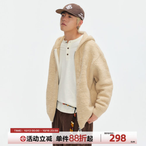 CoosRetro 美式休闲双拉链北极绒毛针织开衫男生刺绣宽松叠穿上衣