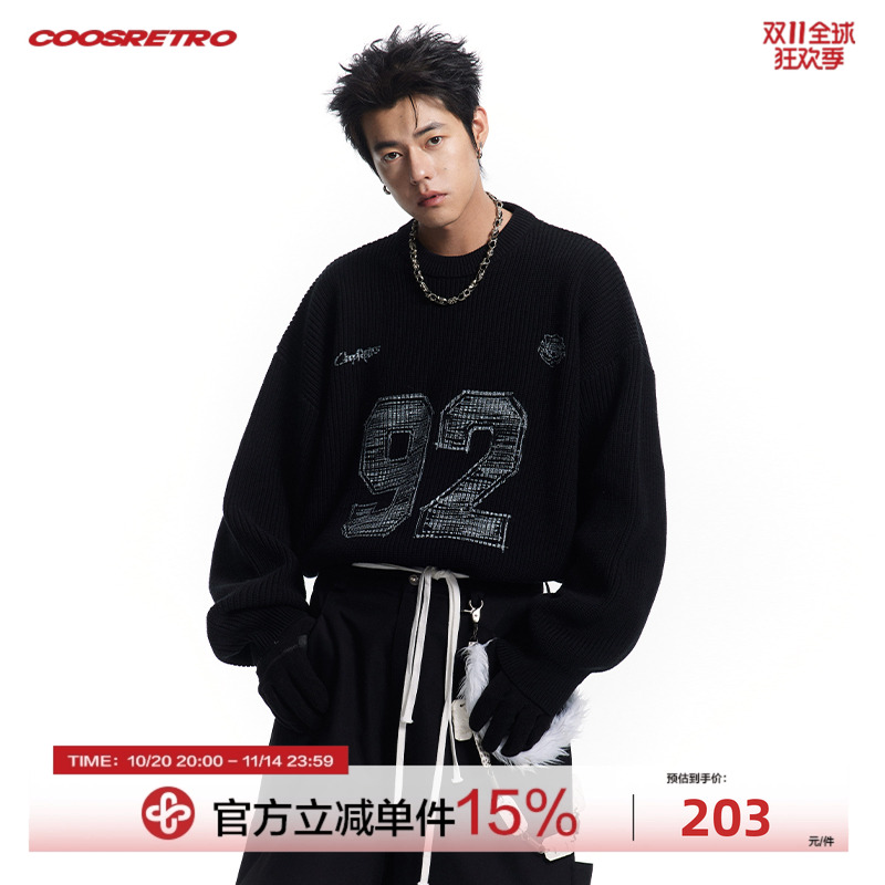 CoosRetro美式复古圆领套头针织衫数字胶印毛衣春秋男女宽松外套