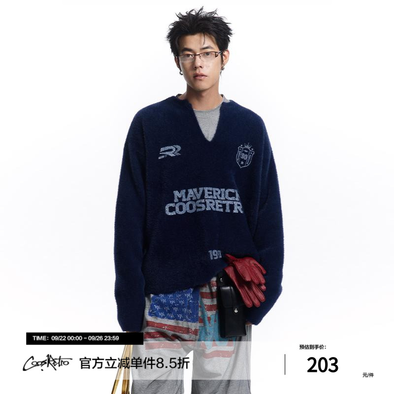 CoosRetro美式复古仿貂毛印花v领毛衣春秋潮流宽松针织衫外套男女