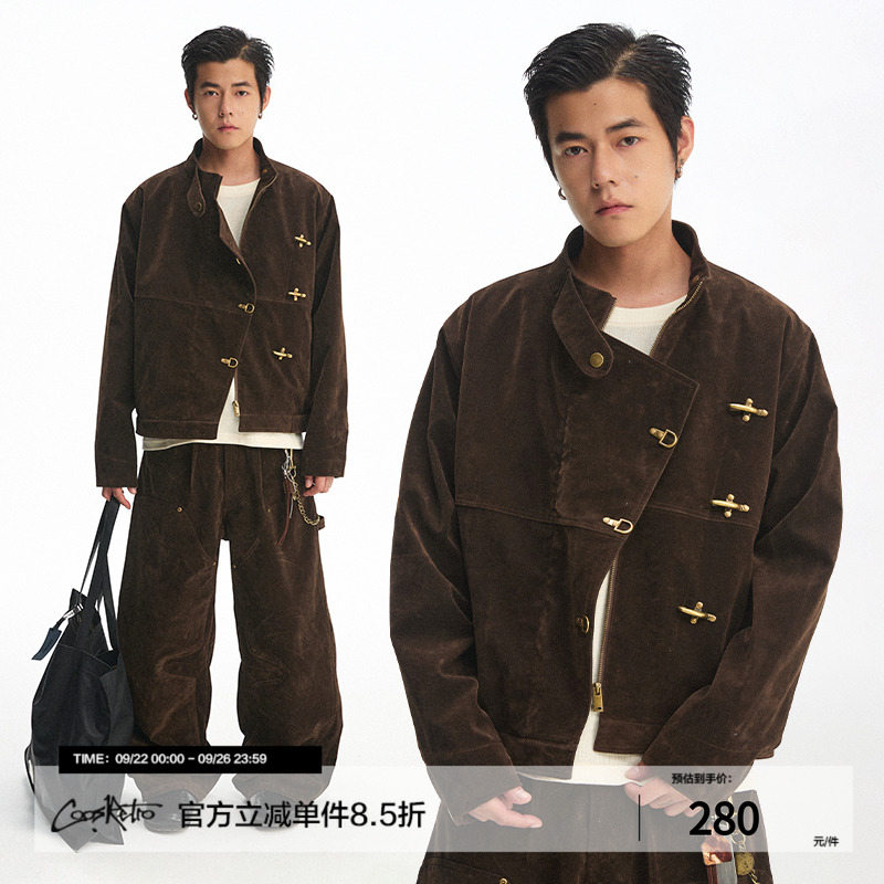 CoosRetro 秋季潮牌男士仿麂皮结构飞机扣夹克做旧设计上衣外套