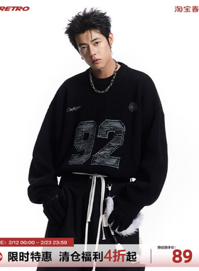 CoosRetro美式复古圆领套头针织衫数字胶印毛衣春秋男女宽松外套