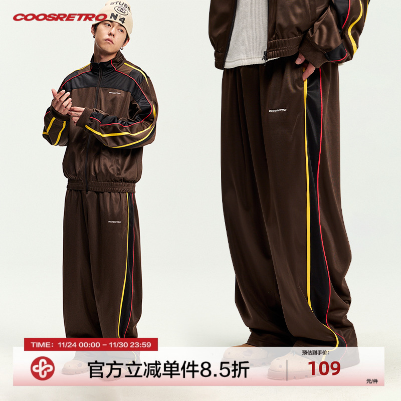 CoosRetro 秋季潮牌男士金光绒结构织带拼接logo刺绣宽松休闲长裤