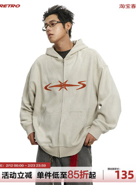 CoosRetro 美式350g重磅仿麂皮宽松连帽卫衣男春秋休闲开衫外套