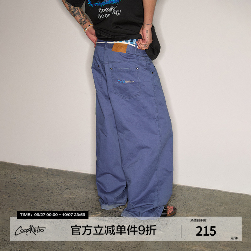 蓝色高密水洗帆布休闲裤