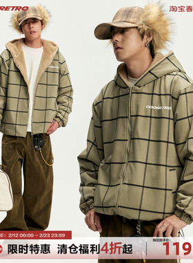 CoosRetro 美式复古潮流男士格纹连帽加绒夹克logo刺绣工装厚外套