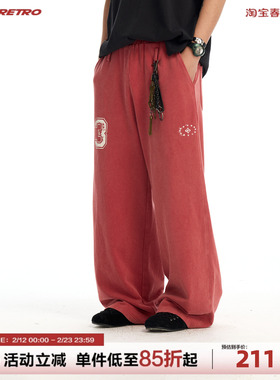 CoosRetro 复古水洗字母印花阔腿裤男士柔软亲肤宽松红色休闲长裤