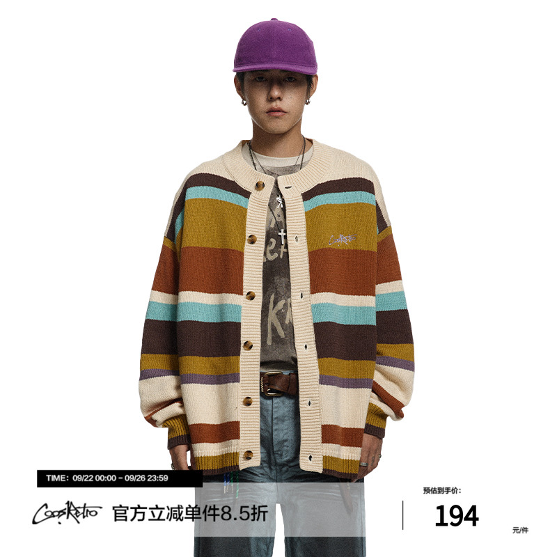CoosRetro彩色条纹刺绣毛衣开衫
