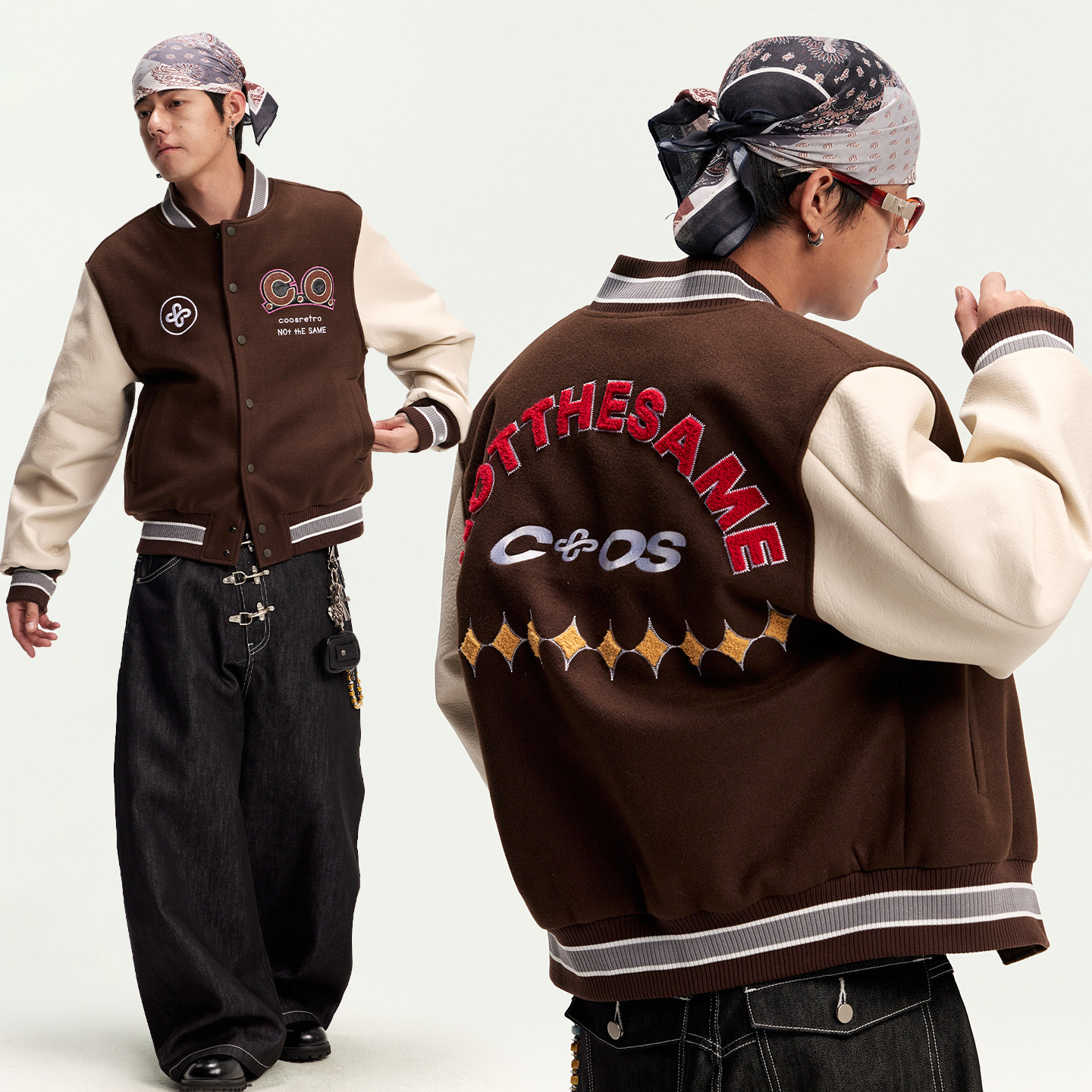 CoosRetro 皮袖拼接加厚棒球服男宽松刺绣夹克休闲百搭外套潮流