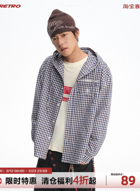 CoosRetro美式复古男早春格纹设计连帽立体logo刺绣纯棉衬衫外套