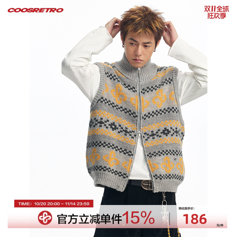 CoosRetro 秋冬新品男士复古针织logo撞色针织立领条纹毛衣马甲