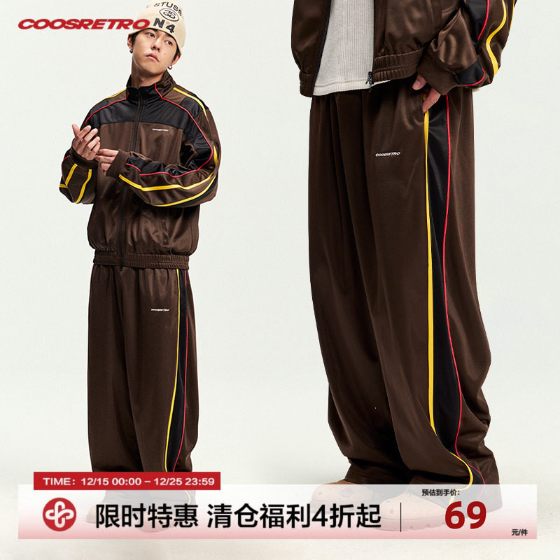 CoosRetro 秋季潮牌男士金光绒结构织带拼接logo刺绣宽松休闲长裤