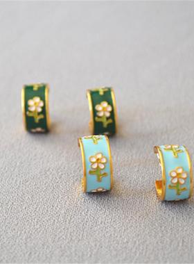 珐琅复古釉花朵耳环欧美女小众法式银针圈感戒指925耳耳钉金色彩