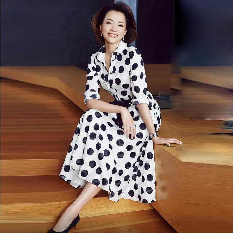 连衣裙波点衬衫同款董卿新款长款修身中2021女气质明星显瘦长袖裙