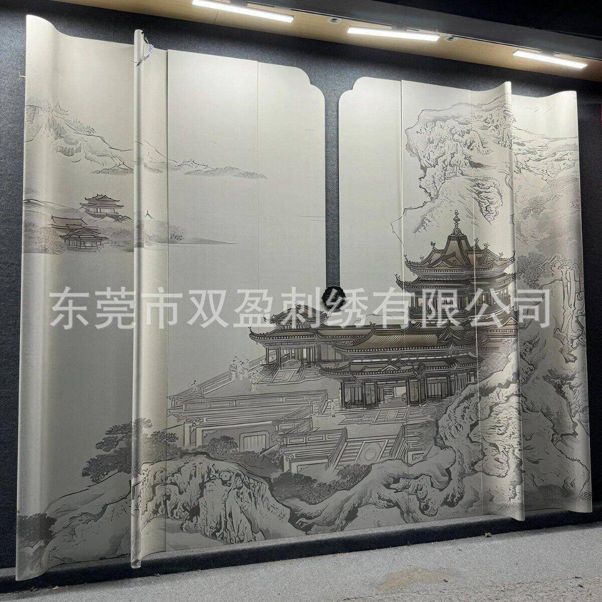 中式异形硬包浮雕刺绣背景墙软包