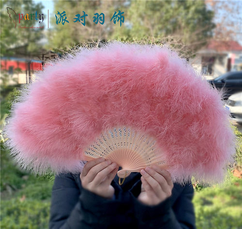 2025新款腮红色羽毛折扇流苏绒毛扇巨型扇子宫廷古风扇表演舞蹈