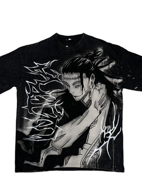 网络流浪汉涂鸦喷绘轻亚文化黑色白色日漫怪诞穿搭短袖T恤