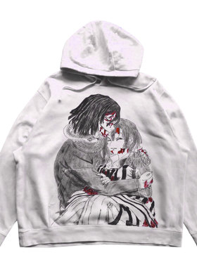 网络流浪汉涂鸦喷绘轻亚文化黑色黑红叛逆日漫怪诞穿搭连帽卫衣