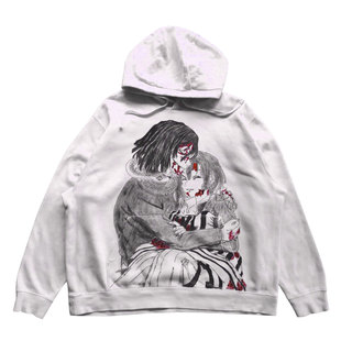 网络流浪汉涂鸦喷绘轻亚文化黑色黑红叛逆日漫怪诞穿搭连帽卫衣