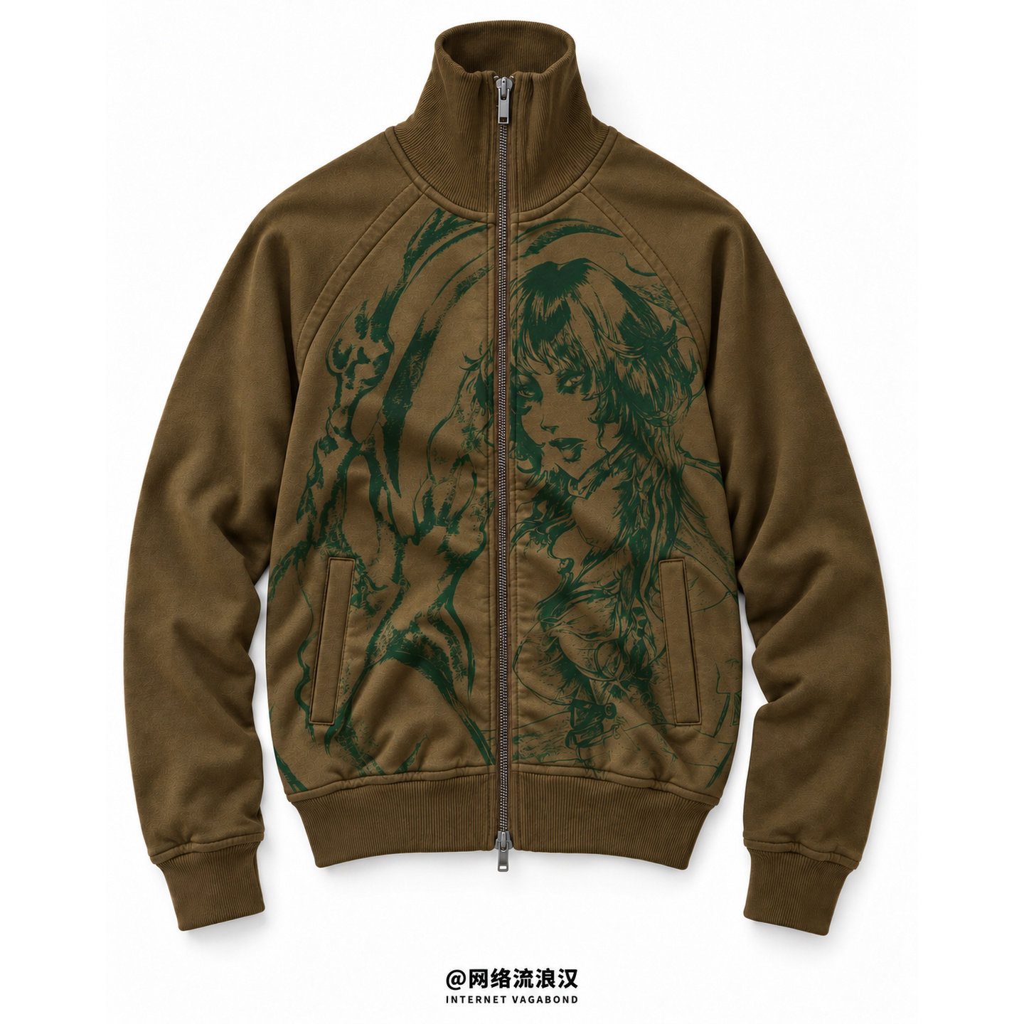 古早街头印花棕色立领拉链外套长袖口袋多图案可选开衫夹克上衣