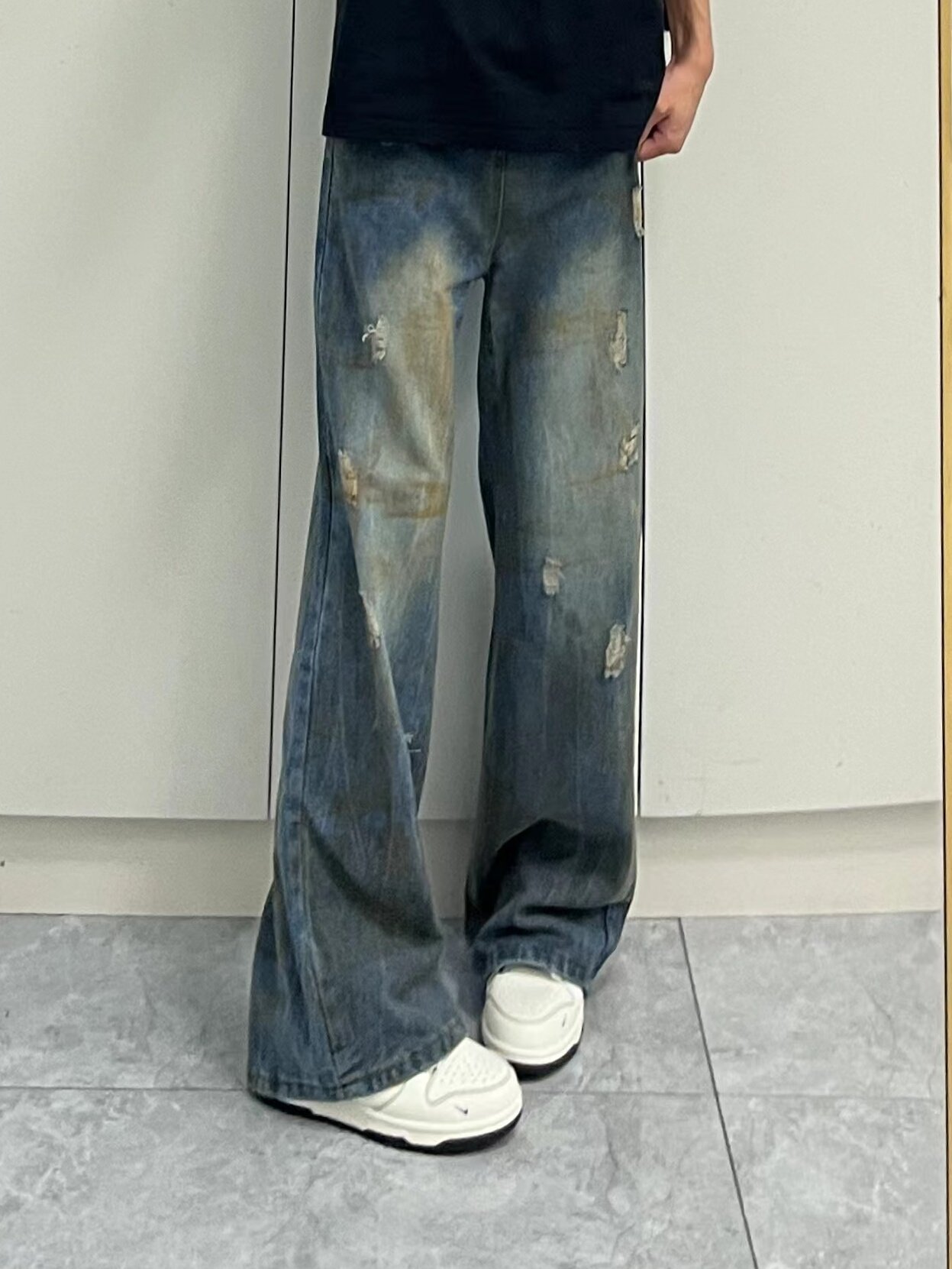 PIECEMEAL 磨洗做旧dirtfit牛仔裤男女宽松垂感拖地美式复古裤子