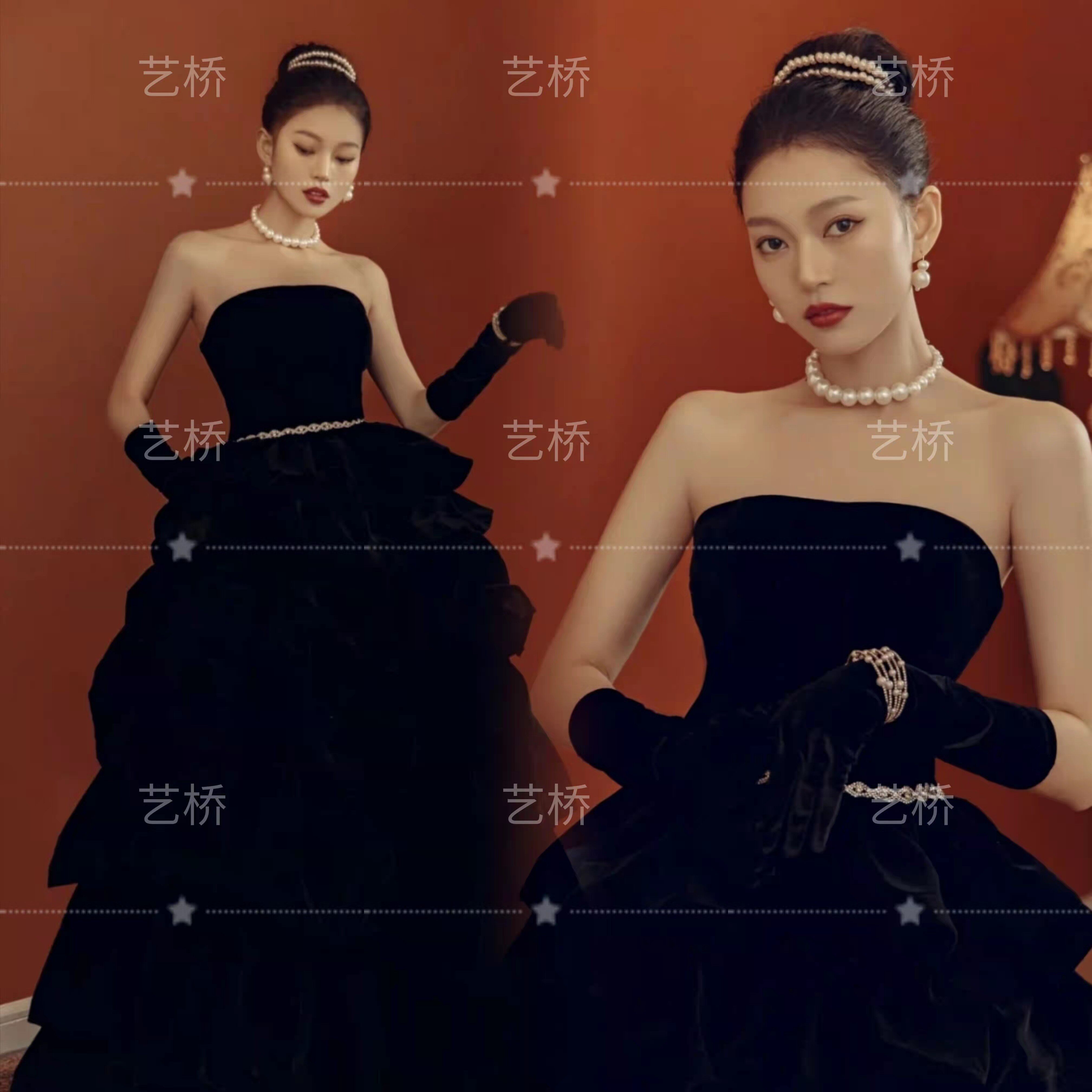 새로운 스튜디오 사진 드레스 DILIREBA의 같은 스타일 프렌치 블랙 벨벳 튜브 탑 레트로 햅번 스타일 테마 웨딩 드레스