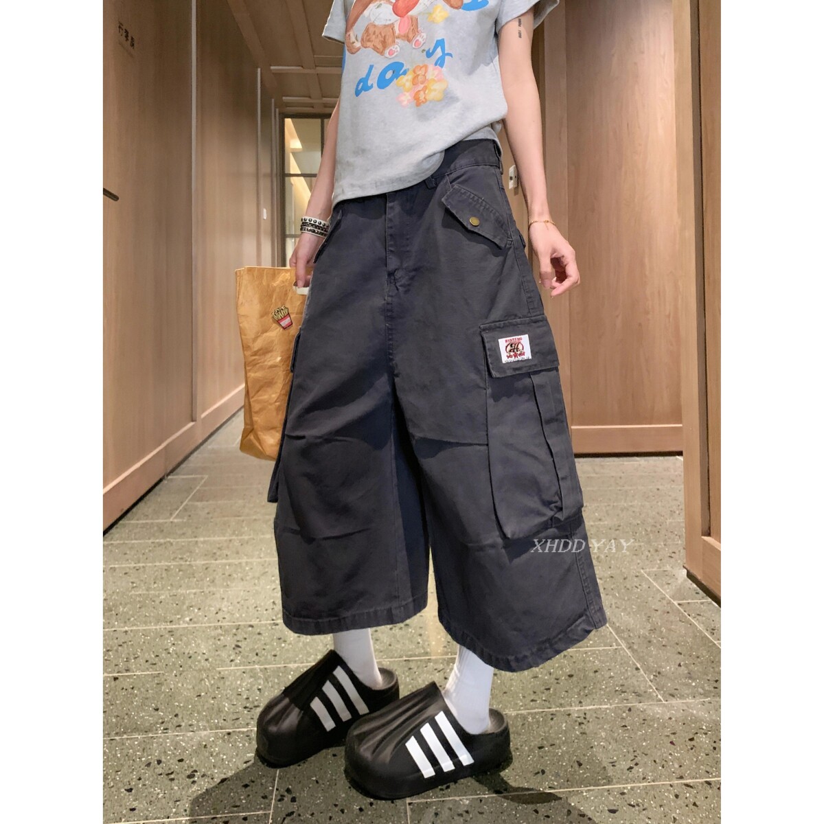 美式复古杏色口袋工装裤