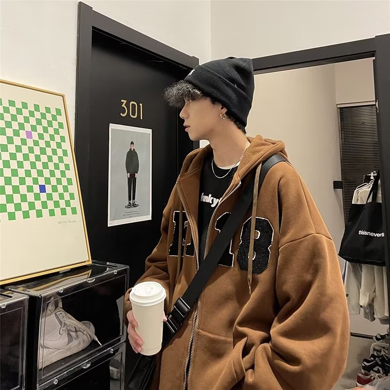开衫连帽卫衣男春秋设计感小众原创外套秋季ins潮牌oversize高街