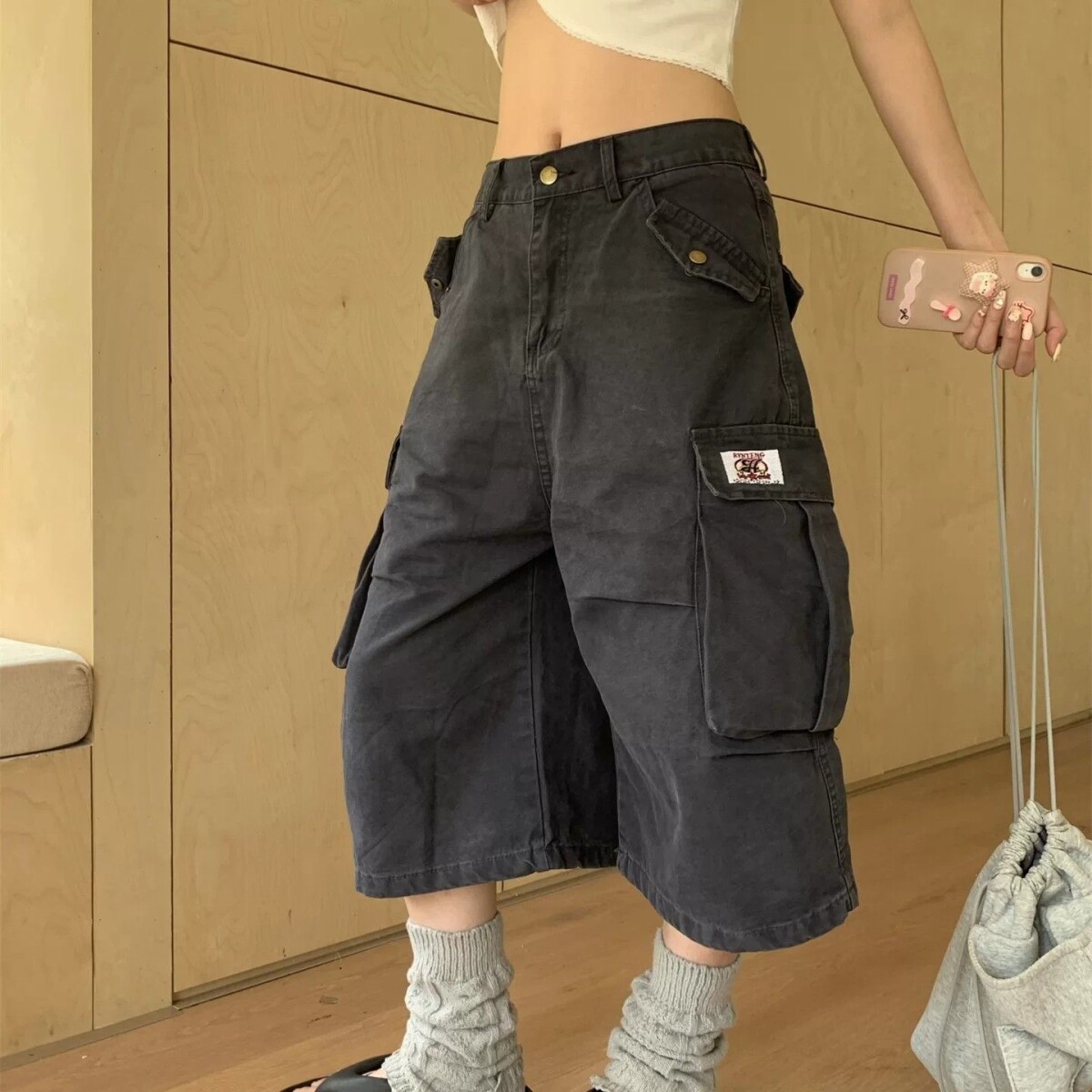 美式街头设计感大口袋七分短裤女百搭宽松慵懒感阔腿裤子