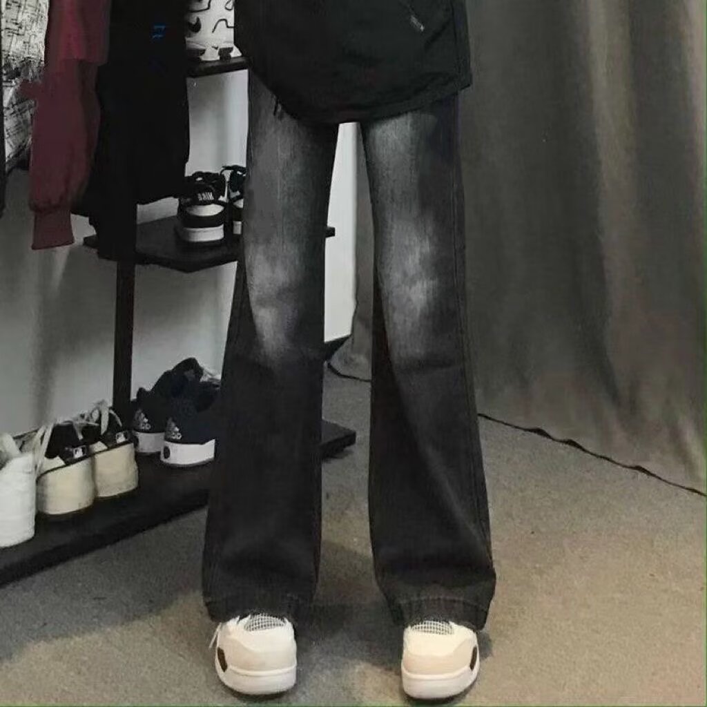 黑色渐变微喇牛仔裤男女夏季美式牛仔裤
