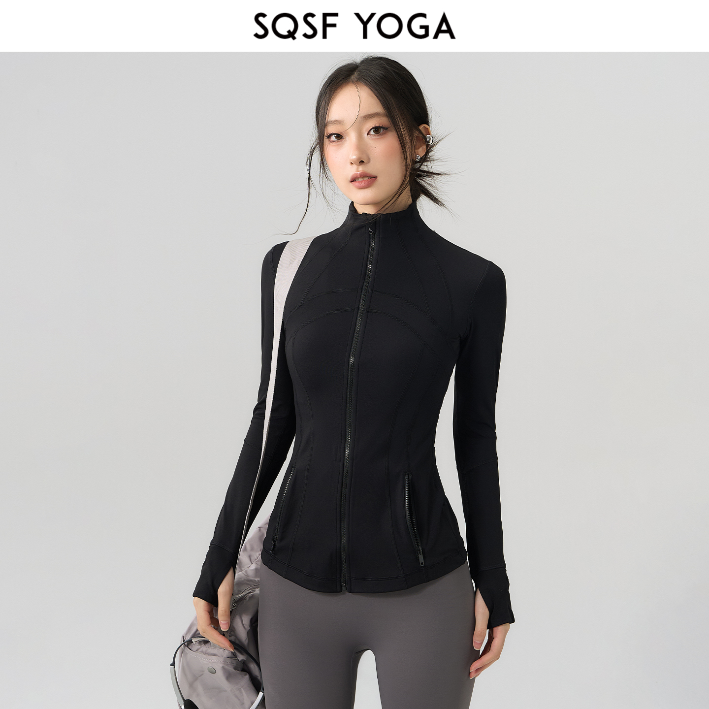 SQSF运动外套女秋冬立领修身显瘦长袖瑜伽上衣跑步训练健身服套装