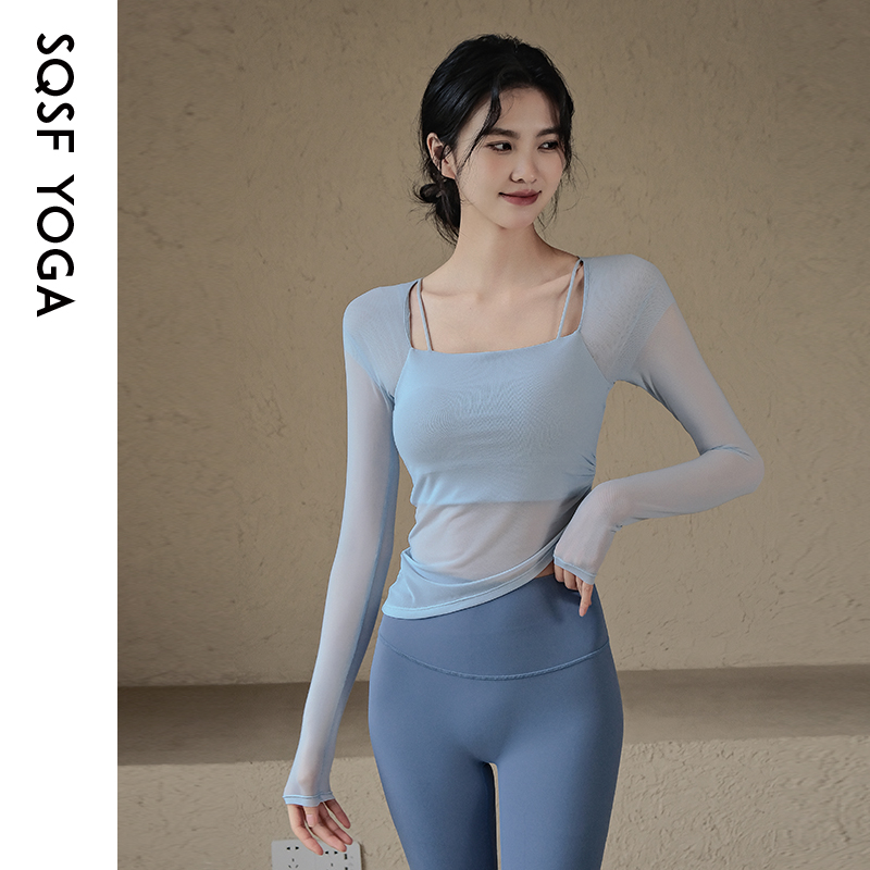 SQSF网纱拼接带胸垫瑜伽服上衣女