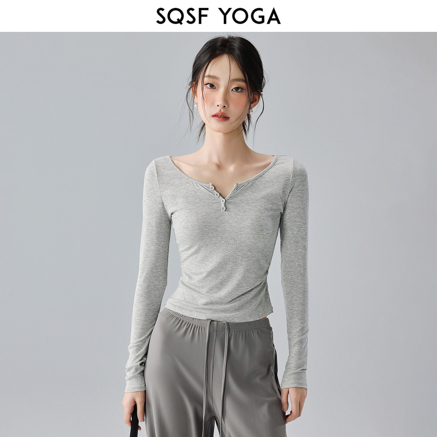 SQSF运动上衣女新款修身亨利衫跑步健身长袖普拉提训练瑜伽服套装