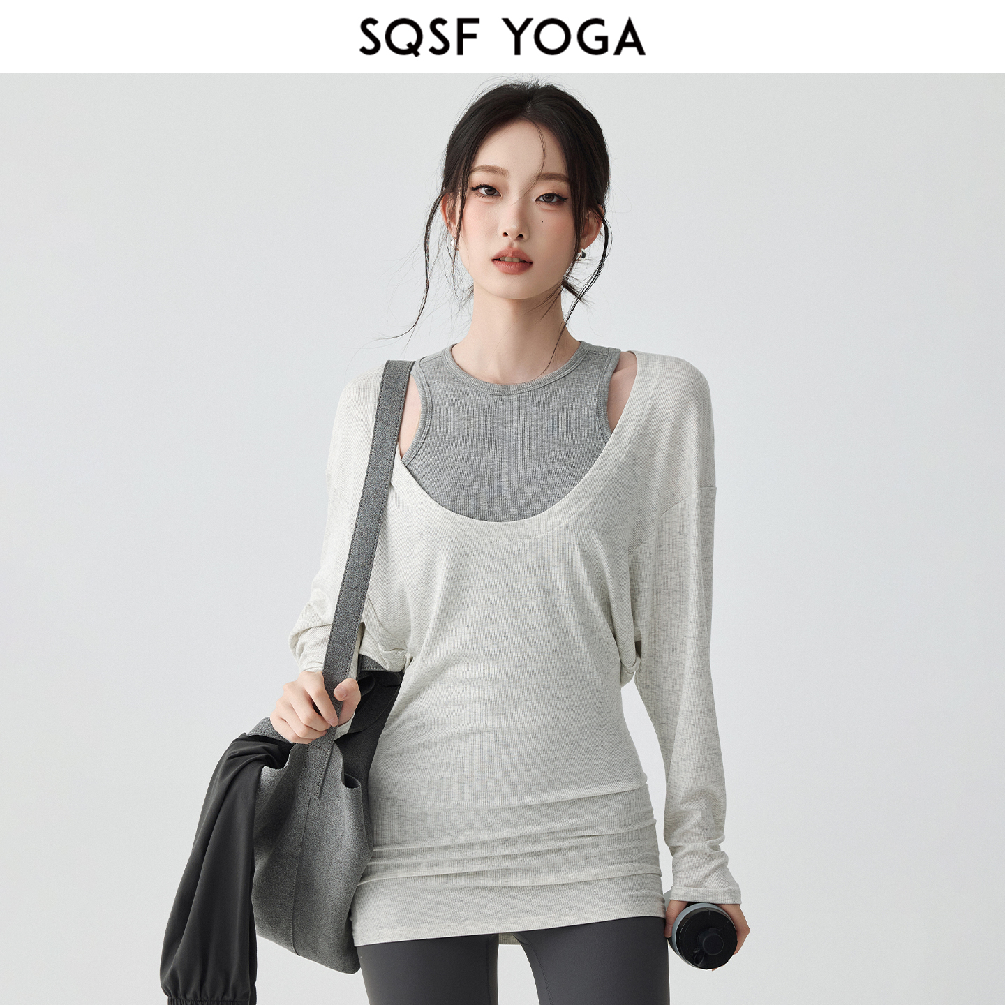 SQSF运动罩衫女秋季遮臀显瘦瑜伽长袖T恤宽松休闲上衣外穿健身服