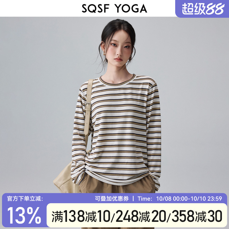 SQSF条纹长袖t恤女秋季新款瑜伽服休闲宽松运动上衣高级感健身服