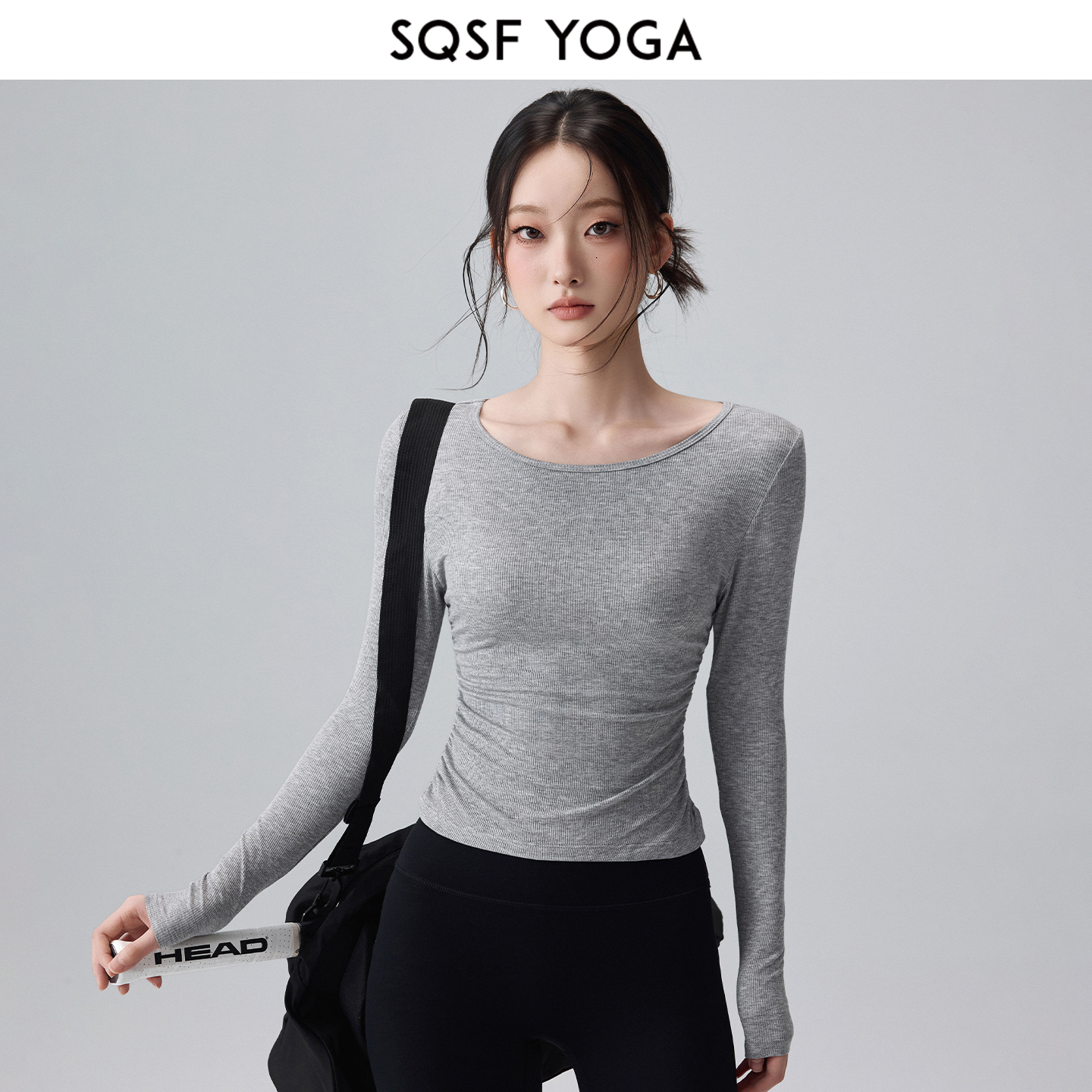 SQSF运动长袖女秋冬褶皱修身显瘦运动上衣专业普拉提训练健身T恤