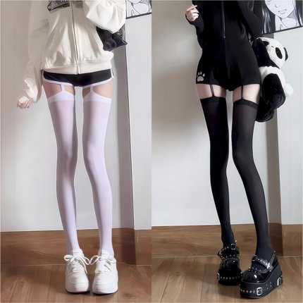 天鹅绒长筒袜女过膝袜甜美吊带袜白色jk大腿袜子y2k高筒薄款黑丝